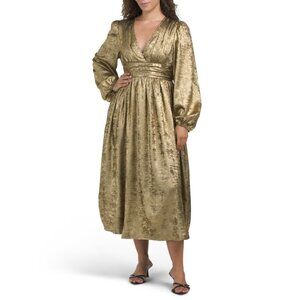 IN FEBRUARY Gold Shiny Nighttime Metallic Plunge Neck Midi Dress